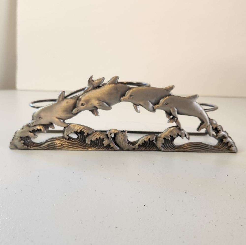 Vintage 90s Pewter Dolphin Candle Holder Votive 3 Tea Light Dolphins Ocean